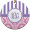 Pink & Purple Damask Round Ceramic Ornament w/ Monogram