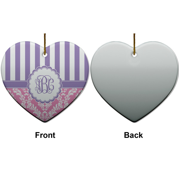 Pink & Purple Damask Ceramic Flat Ornament - Heart Front & Back (APPROVAL)