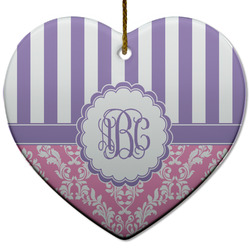 Pink & Purple Damask Heart Ceramic Ornament w/ Monogram