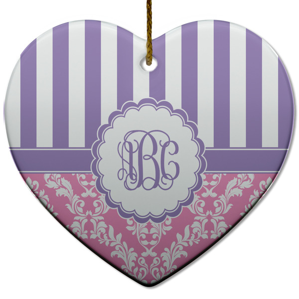 Custom Pink & Purple Damask Heart Ceramic Ornament w/ Monogram