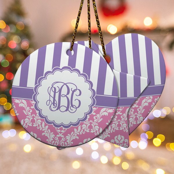 Custom Pink & Purple Damask Ceramic Ornament w/ Monogram