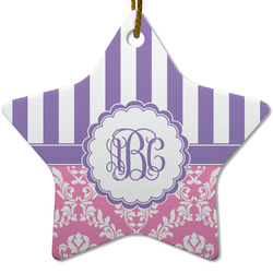 Pink & Purple Damask Star Ceramic Ornament w/ Monogram