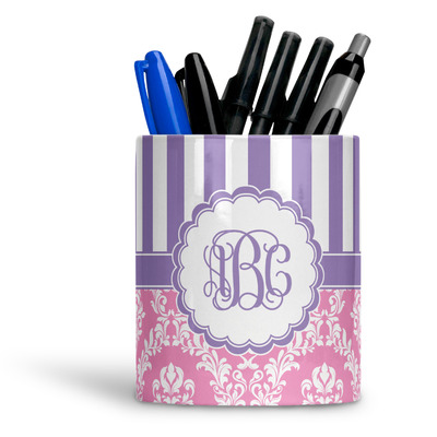 Pink & Purple Damask Ceramic Pen Holder
