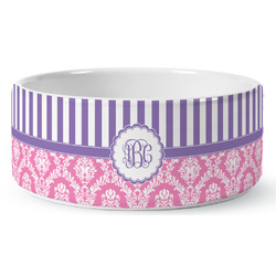 Pink & Purple Damask Ceramic Dog Bowl - Medium (Personalized)