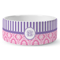 Pink & Purple Damask Ceramic Dog Bowl - Large (Personalized)