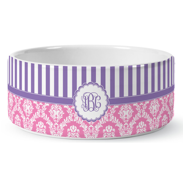 Custom Pink & Purple Damask Ceramic Dog Bowl (Personalized)