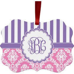 Pink & Purple Damask Metal Frame Ornament - Double Sided w/ Monogram