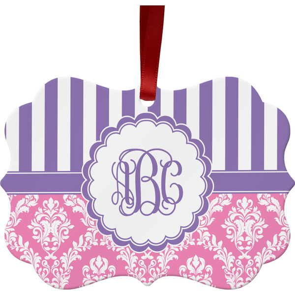 Custom Pink & Purple Damask Metal Frame Ornament - Double Sided w/ Monogram