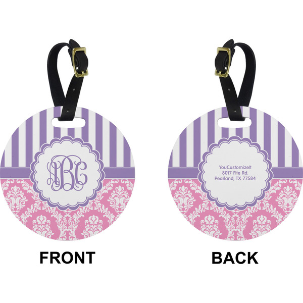 Pink & Purple Damask Circle Luggage Tag (Front + Back)