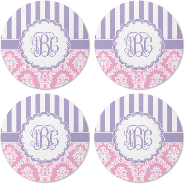 Pink & Purple Damask Coaster Round Rubber Back - Apvl