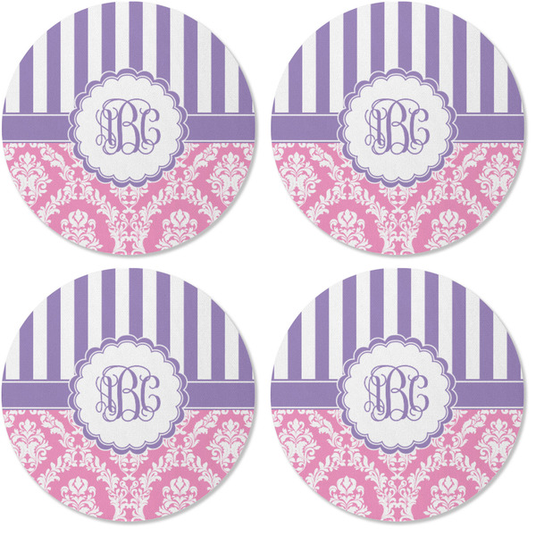 Pink & Purple Damask Coaster Round Rubber Back - Apvl
