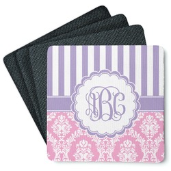 Pink & Purple Damask Square Rubber Backed Coasters - Set of 4 (Personalized)