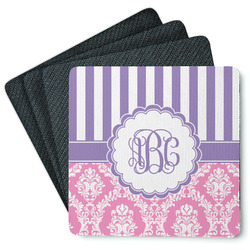 Pink & Purple Damask Square Rubber Backed Coasters - Set of 4 (Personalized)
