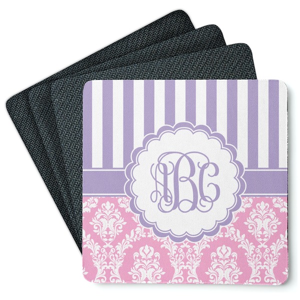 Custom Pink & Purple Damask Square Rubber Backed Coasters - Set of 4 (Personalized)