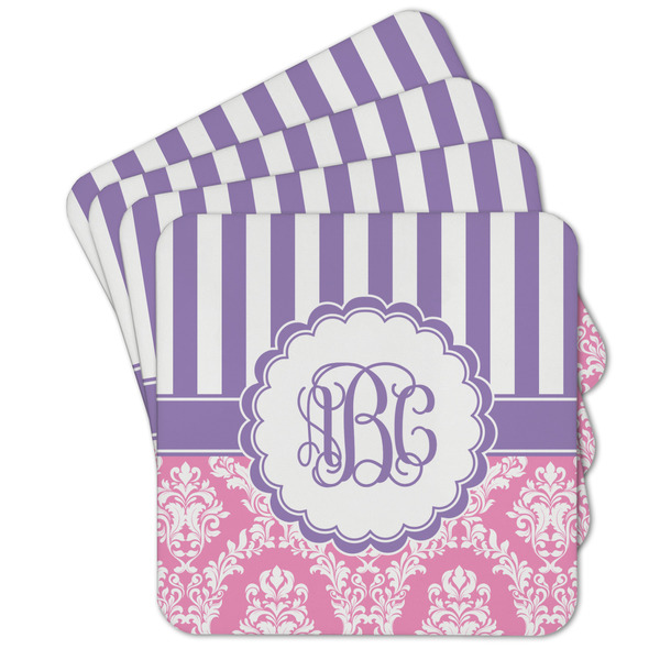 Custom Pink & Purple Damask Cork Coaster - Set of 4 w/ Monogram