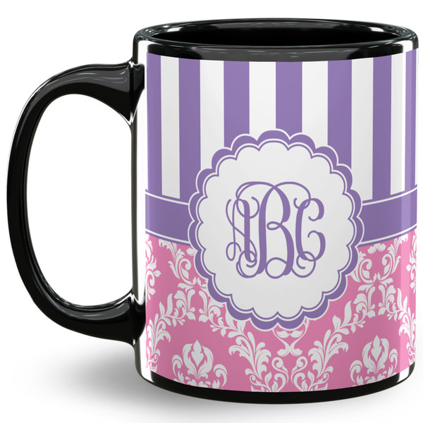 Custom Pink & Purple Damask 11 Oz Coffee Mug - Black (Personalized)