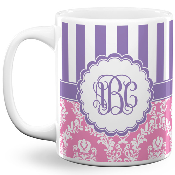 Custom Pink & Purple Damask 11 Oz Coffee Mug - White (Personalized)
