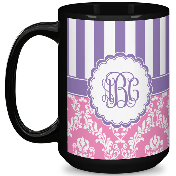 Custom Pink & Purple Damask 15 Oz Coffee Mug - Black (Personalized)