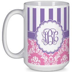 Pink & Purple Damask 15 Oz Coffee Mug - White (Personalized)