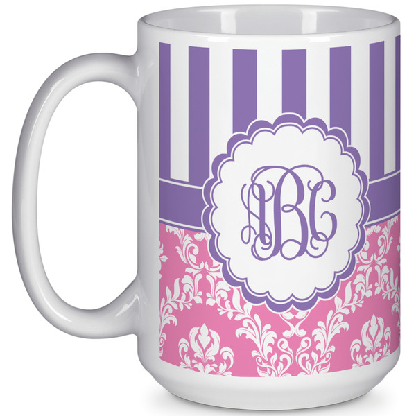 Custom Pink & Purple Damask 15 Oz Coffee Mug - White (Personalized)