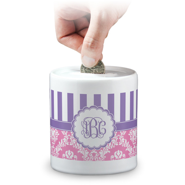 Custom Pink & Purple Damask Coin Bank (Personalized)