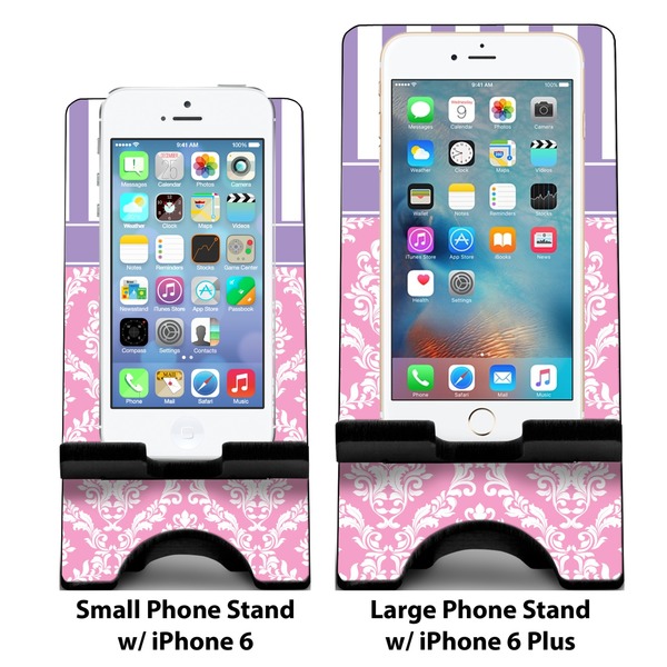 Pink & Purple Damask Compare Phone Stand Sizes - with iPhones