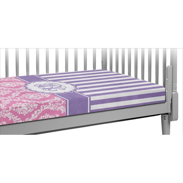 Custom Pink & Purple Damask Crib Fitted Sheet (Personalized)