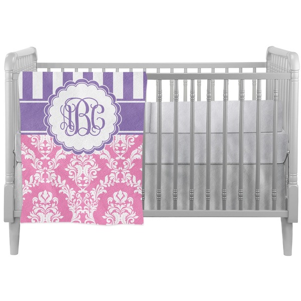 Custom Pink & Purple Damask Crib Comforter / Quilt (Personalized)