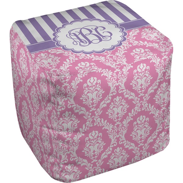 Custom Pink & Purple Damask Cube Pouf Ottoman (Personalized)