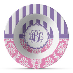 Pink & Purple Damask Plastic Bowl - Microwave Safe - Composite Polymer (Personalized)