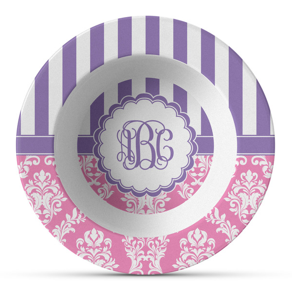 Custom Pink & Purple Damask Plastic Bowl - Microwave Safe - Composite Polymer (Personalized)