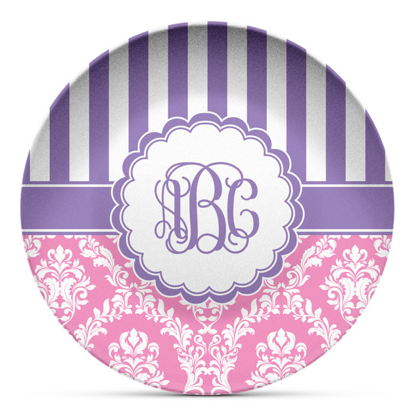 Custom Pink & Purple Damask Microwave Safe Plastic Plate - Composite Polymer (Personalized)