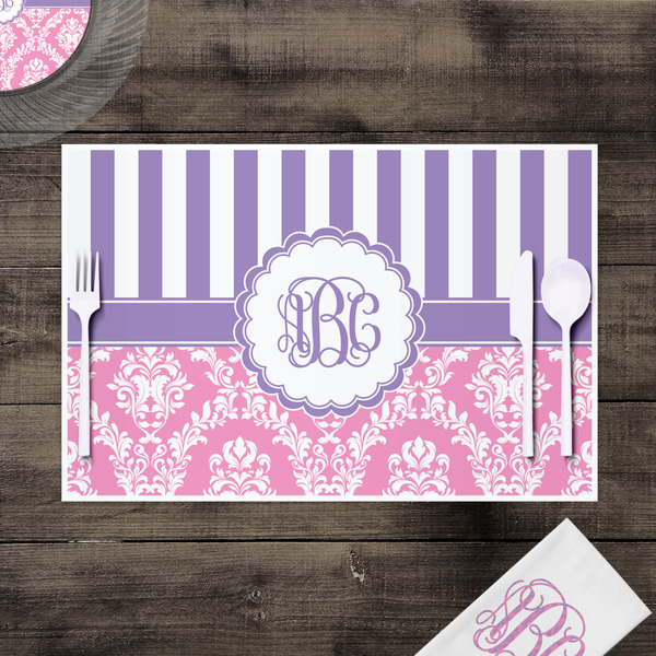 Pink & Purple Damask Disposable Paper Placemat - In Context