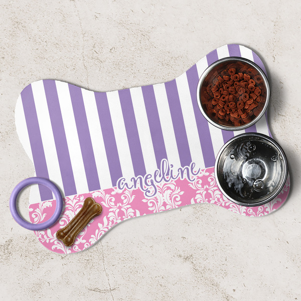 Pink & Purple Damask Dog Bone Shaped Mat Lifestyle