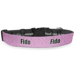 Pink & Purple Damask Deluxe Dog Collar - Medium (11.5" to 17.5") (Personalized)