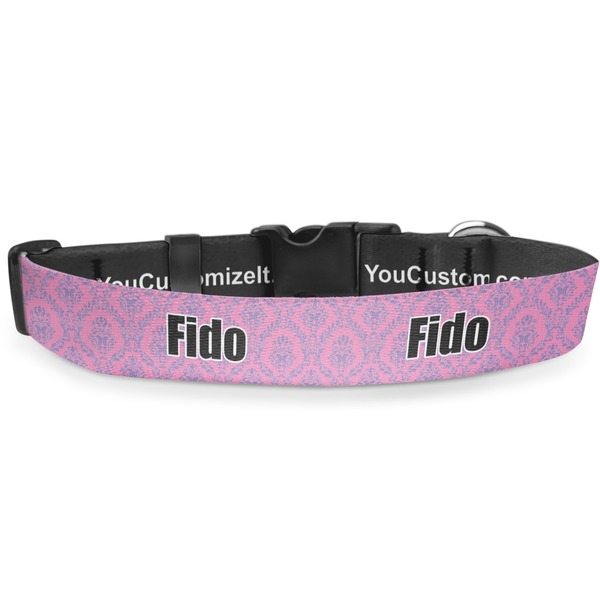 Custom Pink & Purple Damask Deluxe Dog Collar - Medium (11.5" to 17.5") (Personalized)