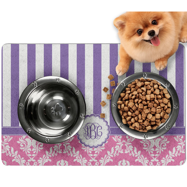 Custom Pink & Purple Damask Dog Food Mat - Small w/ Monogram