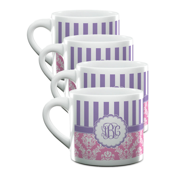 Custom Pink & Purple Damask Double Shot Espresso Cups - Set of 4 (Personalized)