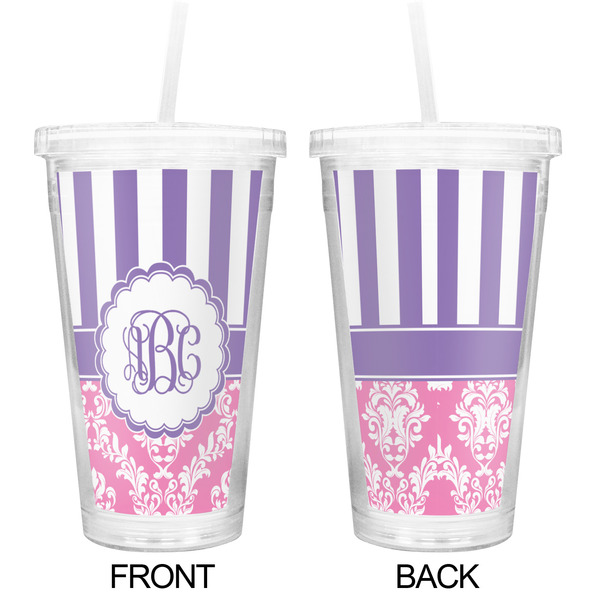Pink & Purple Damask Double Wall Tumbler with Straw - Approval