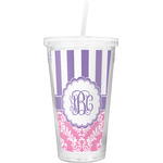 Pink & Purple Damask Double Wall Tumbler with Straw (Personalized)