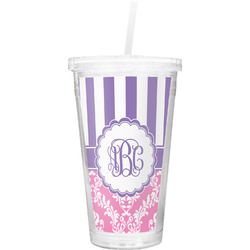 Pink & Purple Damask Double Wall Tumbler with Straw (Personalized)