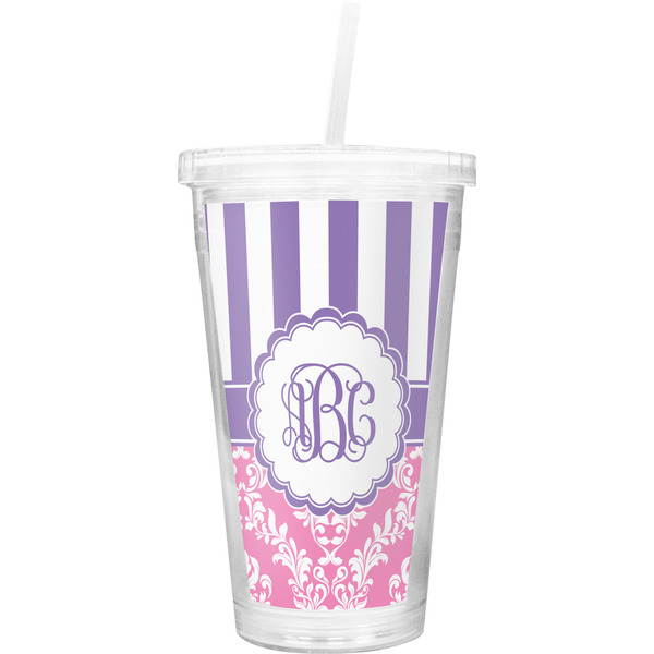 Custom Pink & Purple Damask Double Wall Tumbler with Straw (Personalized)