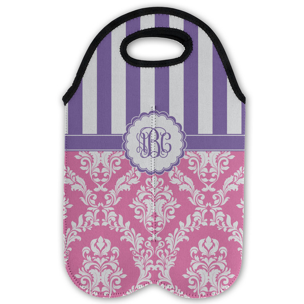 Pink & Purple Damask Double Wine Tote - Flat (new)