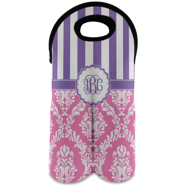 Custom Pink & Purple Damask Wine Tote Bag (2 Bottles) (Personalized)