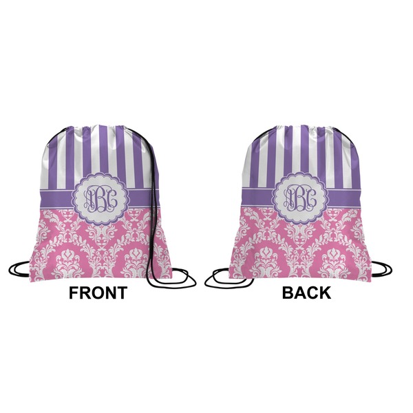 Pink & Purple Damask Drawstring Backpack Front & Back Small