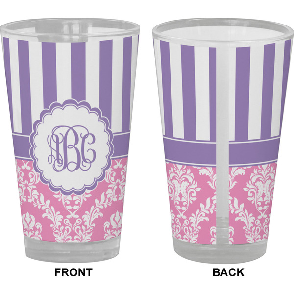 Pink & Purple Damask Pint Glass - Full Color - Front & Back Views
