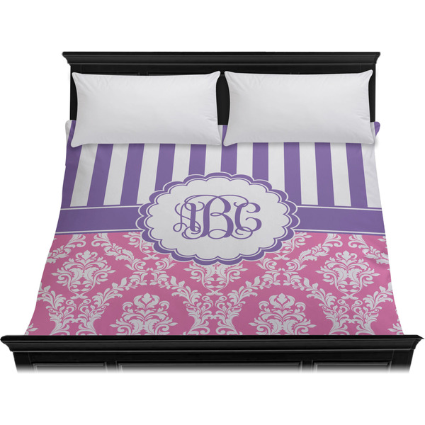 Pink & Purple Damask Duvet Cover - King - On Bed - No Prop