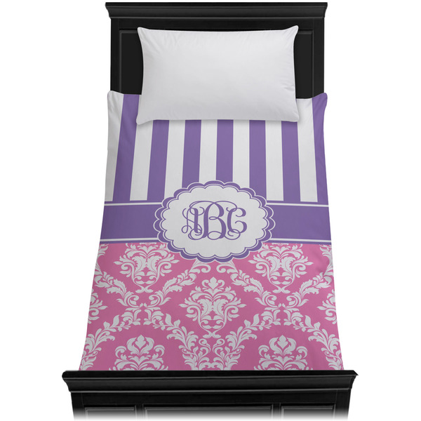 Pink & Purple Damask Duvet Cover - Twin XL - On Bed - No Prop