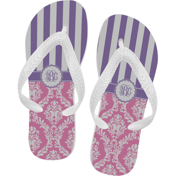 Custom Pink & Purple Damask Flip Flops - Large (Personalized)
