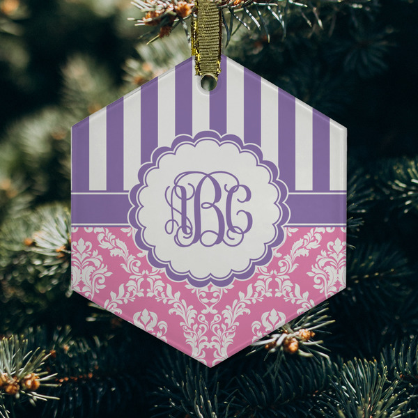 Pink & Purple Damask Frosted Glass Ornament - Hexagon (Lifestyle)